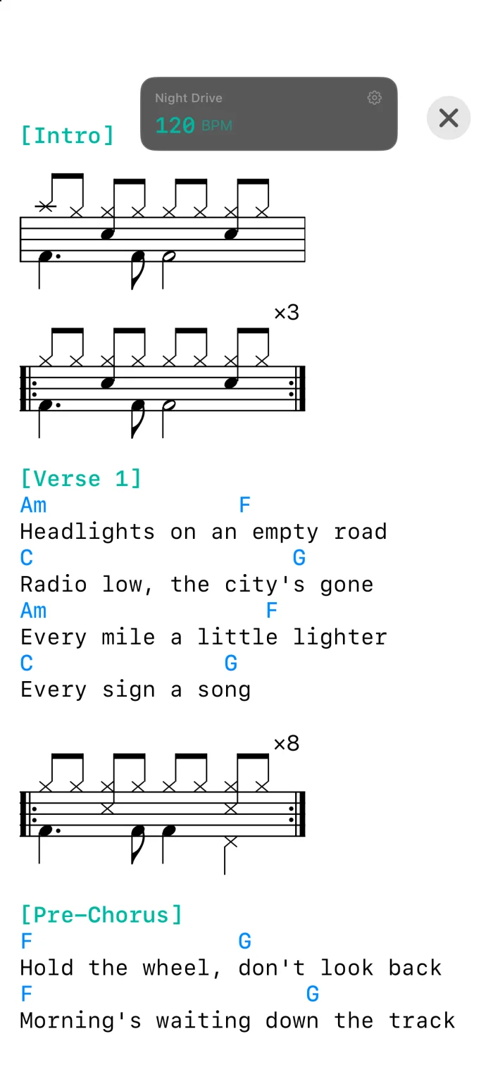 Lyrics-Song mit Noten im Concert Mode auf dem iPhone
