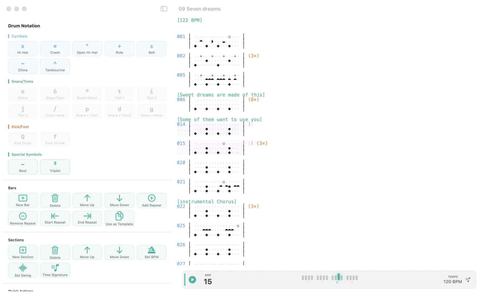 Drum Charter Editor mit Symbol-Palette und Chart