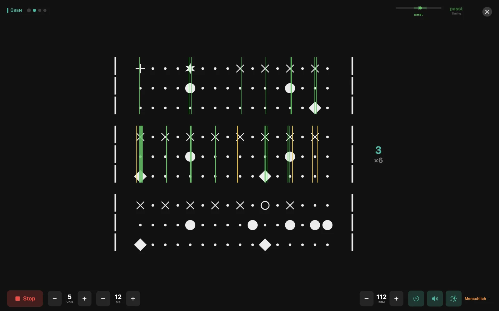 Drum Charter Practice Mode mit eingefärbten Treffern