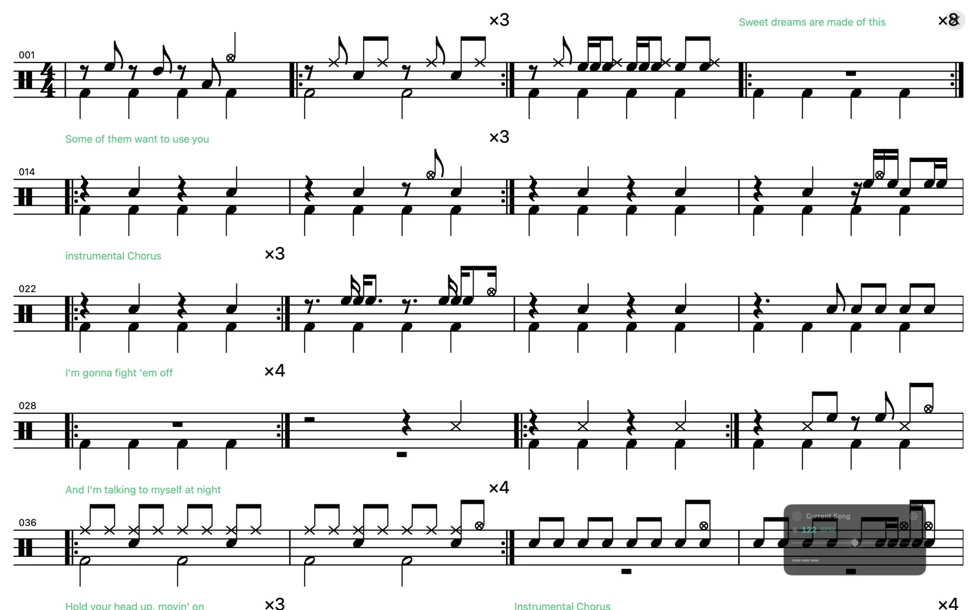 Drum Charter Concert Mode: ein Song als Schlagzeug-Notensatz auf dem Fünfliniensystem